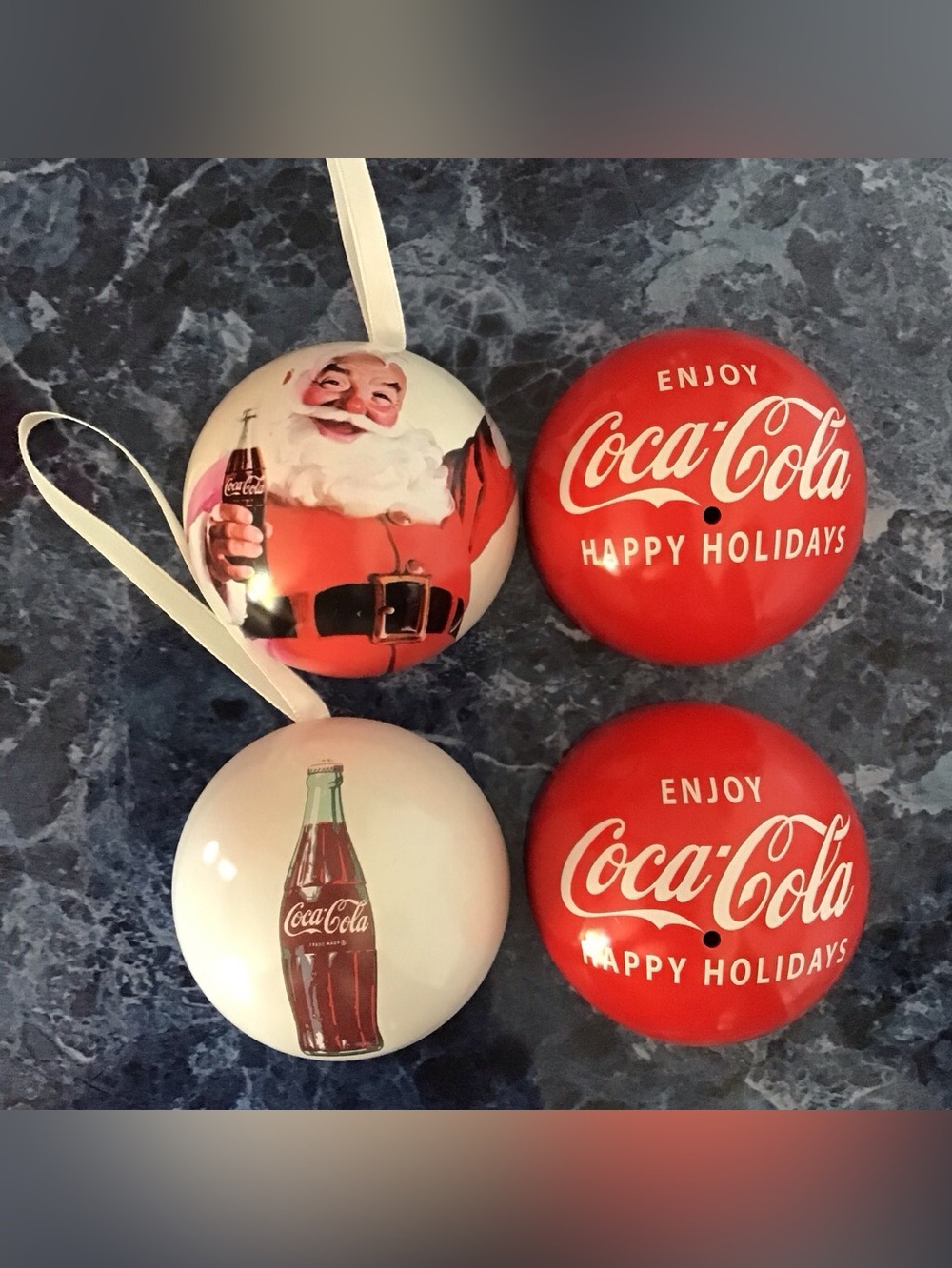Coca-Cola Coke Bottle & Santa Metal 2.5" Ball Christmas Holiday Holder Ornaments